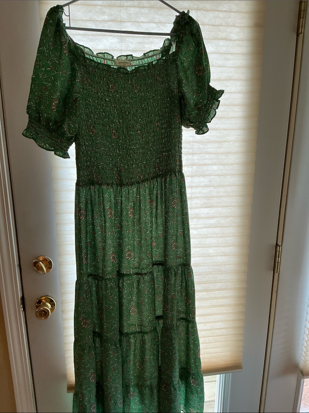 Max Studio green flowered Maxi dress.  Size large. Boho smocked and tiered.